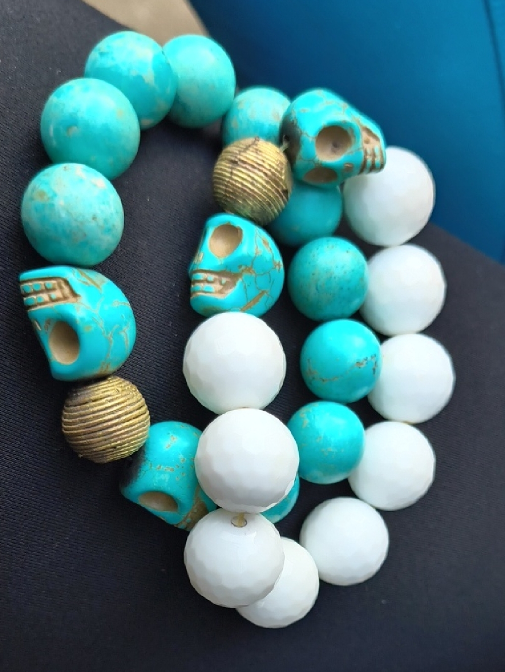Handmade Turquoise & White Skull Bead Stretch Bracelet - Unbranded